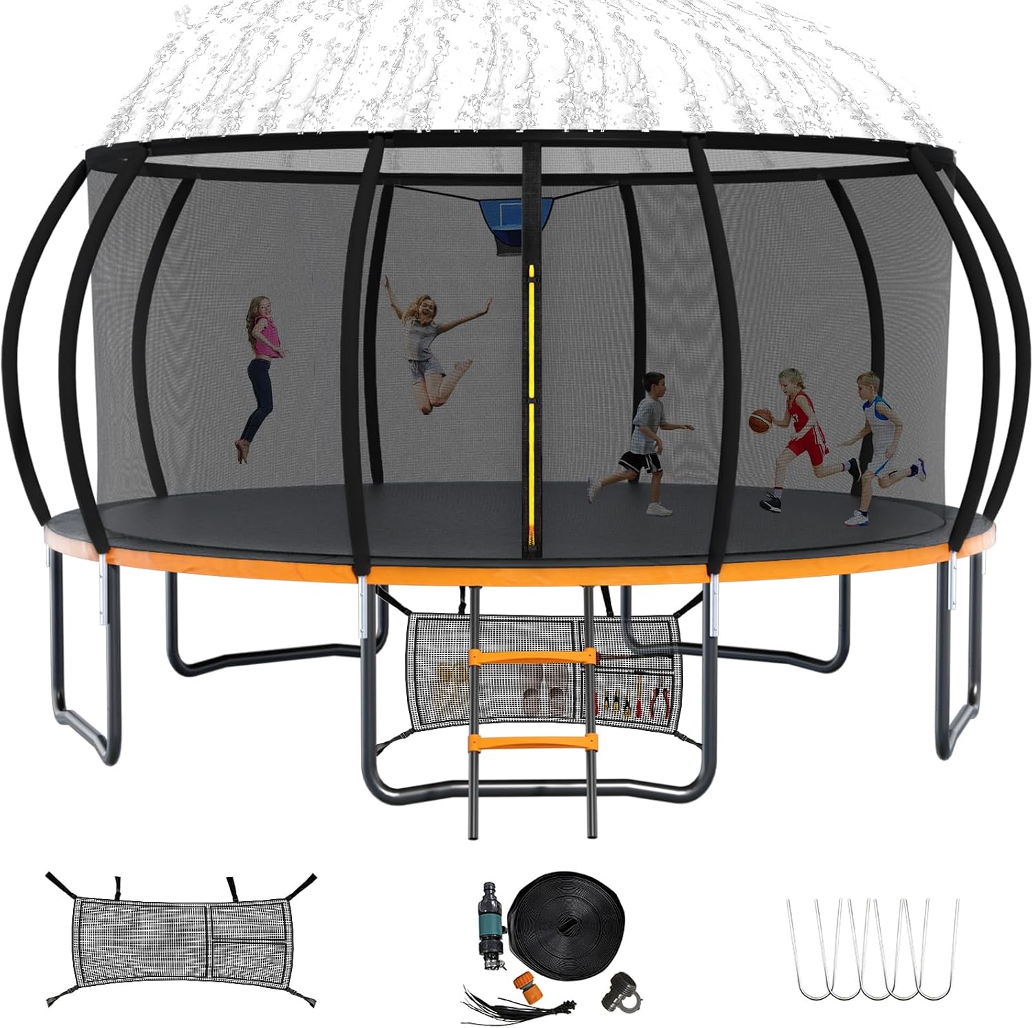 12FT 14FT Trampoline for Adults/Kids - Outdoor Trampoline with Basketball Hoop, Curved Poles, Enclosure Net and Ladder, Heavy Duty Recreational Trampoline, ASTM Approval
