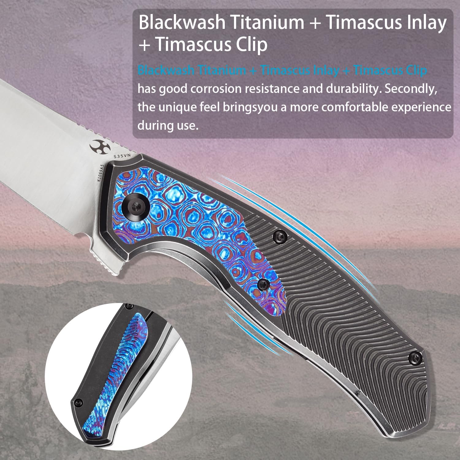 KANSEPT HAVØRN Pocket Folding Knives Camping Hiking Folding Knife 3.48'' Stonewashed CPM S35VN Blade Pocke Knife with Bronze Anodized Titanium Copper Carbon Fiber Inlay Handle Everyday Carry K1069A5