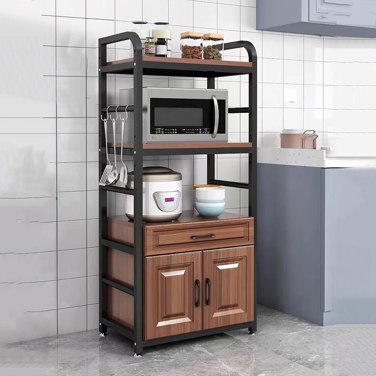 Microwave Oven Rack with Storage Cabinet and Utility Sideboard Shelf Brown (65x40x1)
