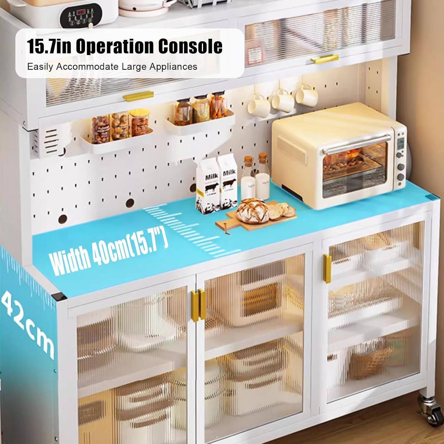 5-Tier Microwave Cart with Storage, Movable Standing Storage Cabinet Bakers Rack with Doors, DIY Backplane Creative Kitchen Storage Shelf for Spices Pots and Pans(L100cm(39.4in), White)