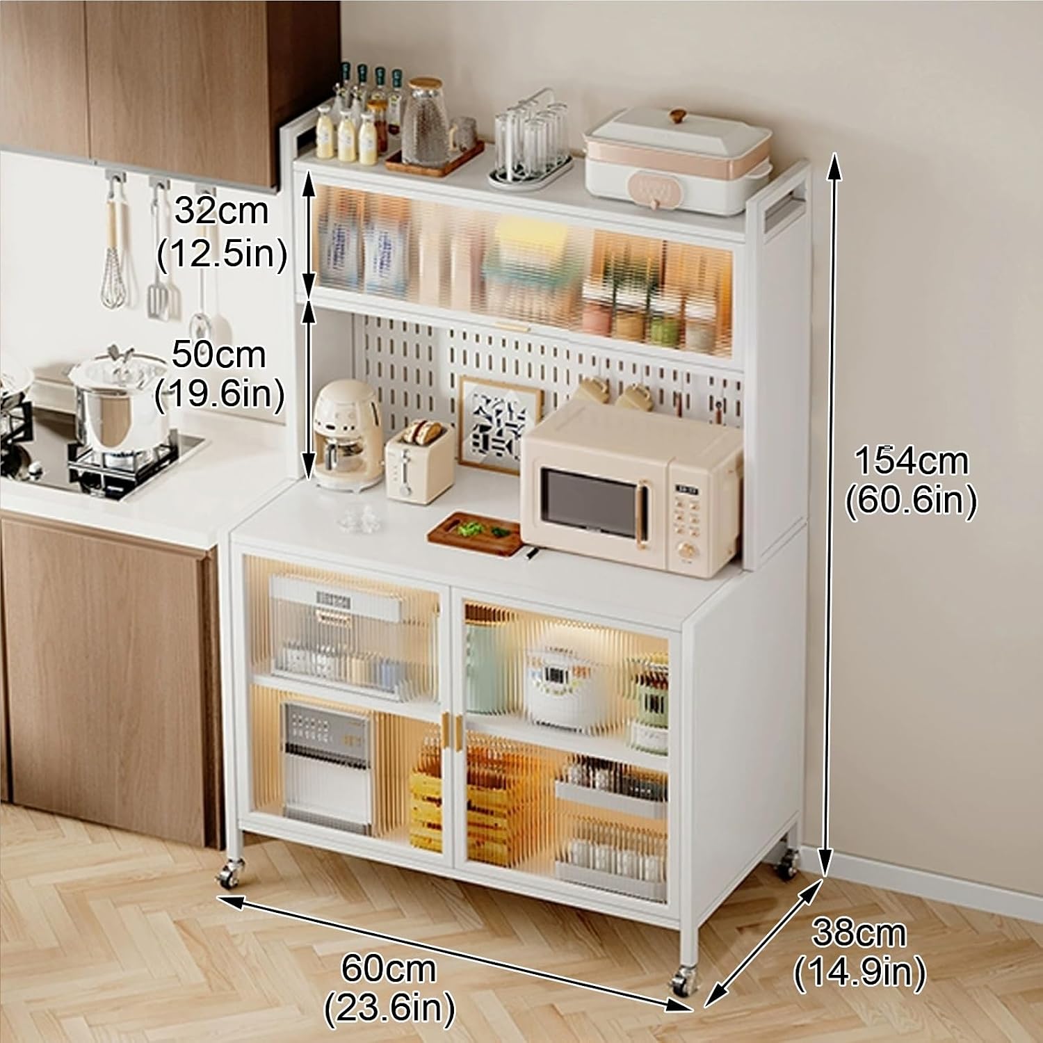 Bakers Racks for Kitchens with Storage, Kitchen Storage Cabinet, Large Bakers Rack with Cabinet, with Wheels and Hooks(White,60cm)