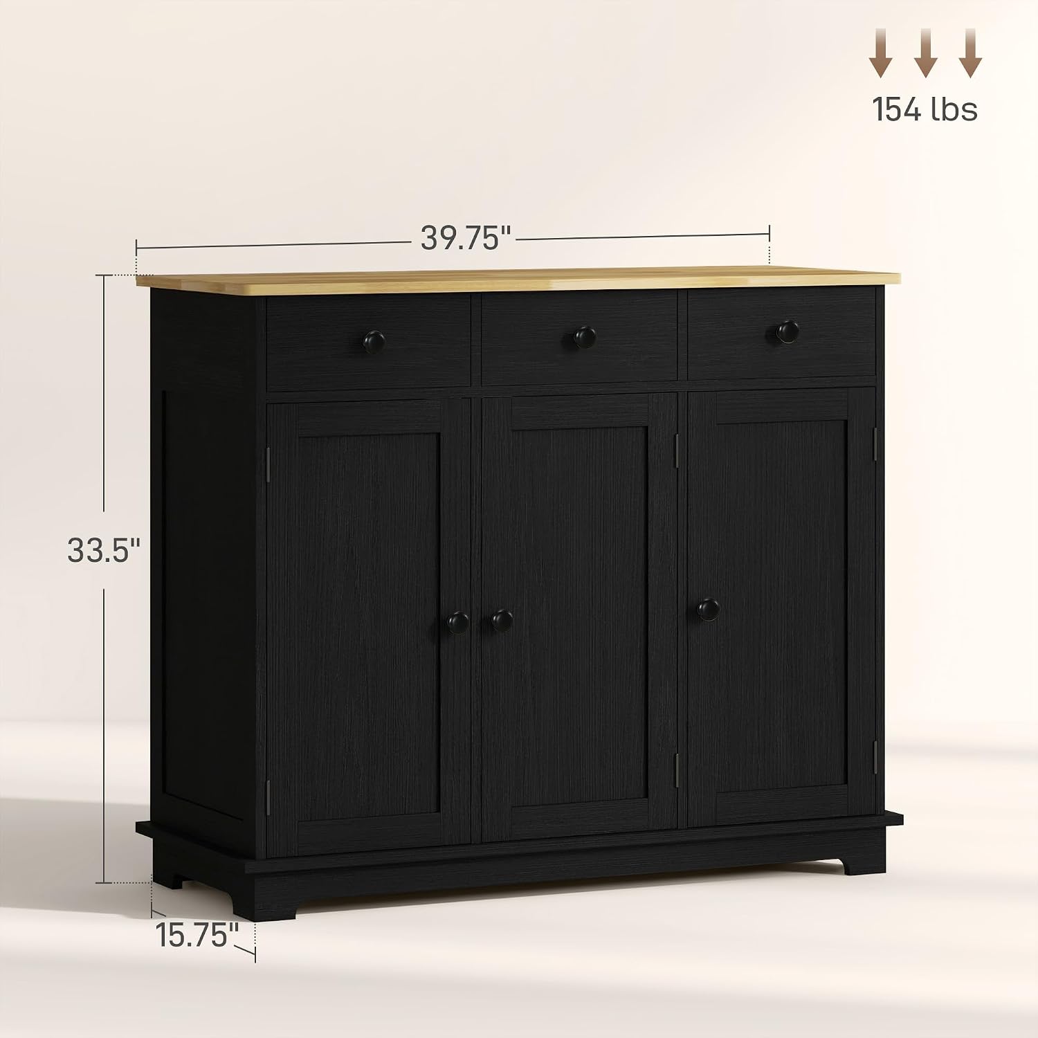 HOMCOM Sideboard Buffet Cabinet with Solid Wood Countertop, Modern Kitchen Storage Cabinet, Coffee Bar Cabinet with 3 Drawers, Doors and Adjustable Shelf, Distressed Black