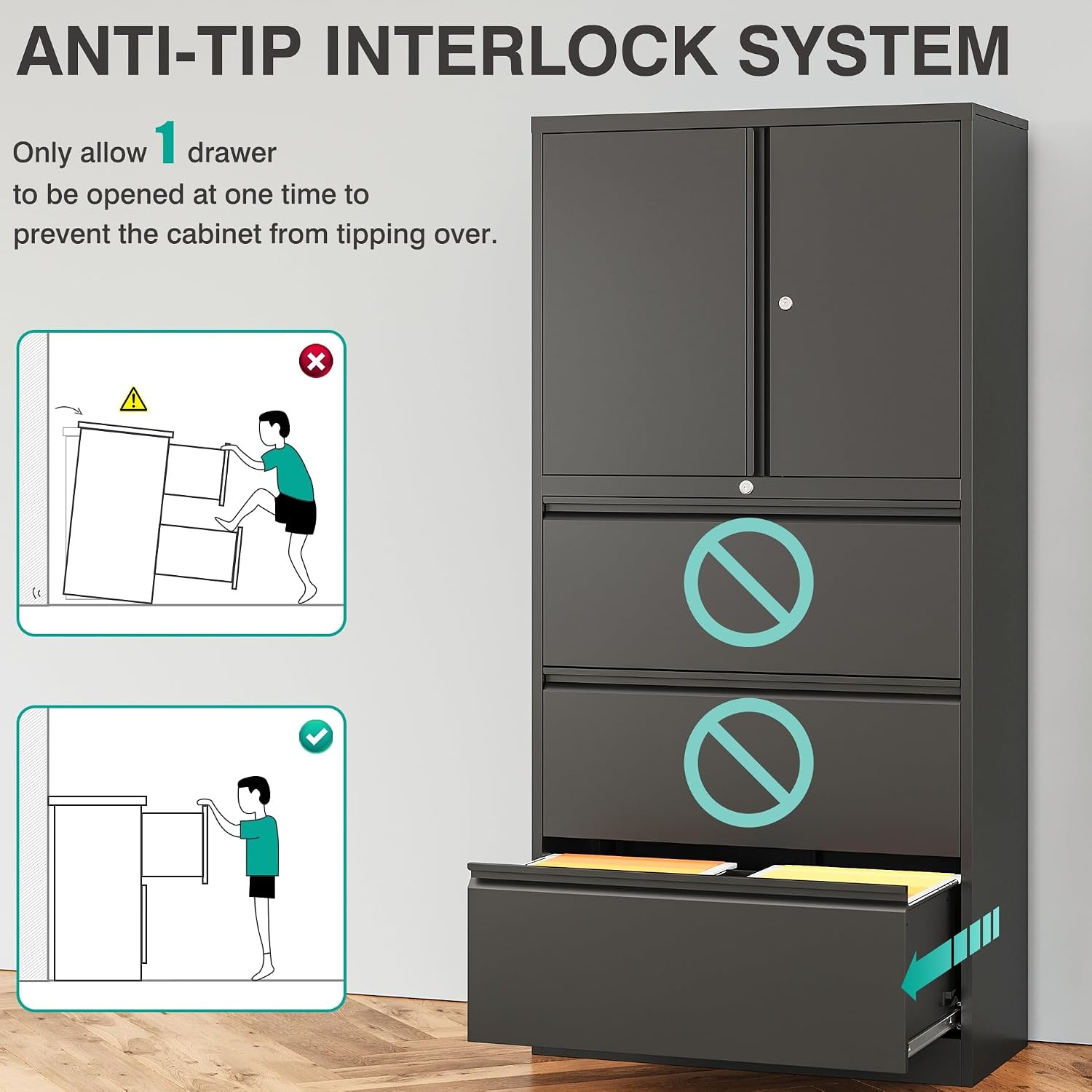 SISESOL 3 Drawer Lateral File Cabinet with Lock and Shelf,Black Metal Filling Cabinet with Drawers and Shelf, Locking File Storage Cabinets with Doors and Shelves for Home,Office,Garage,School