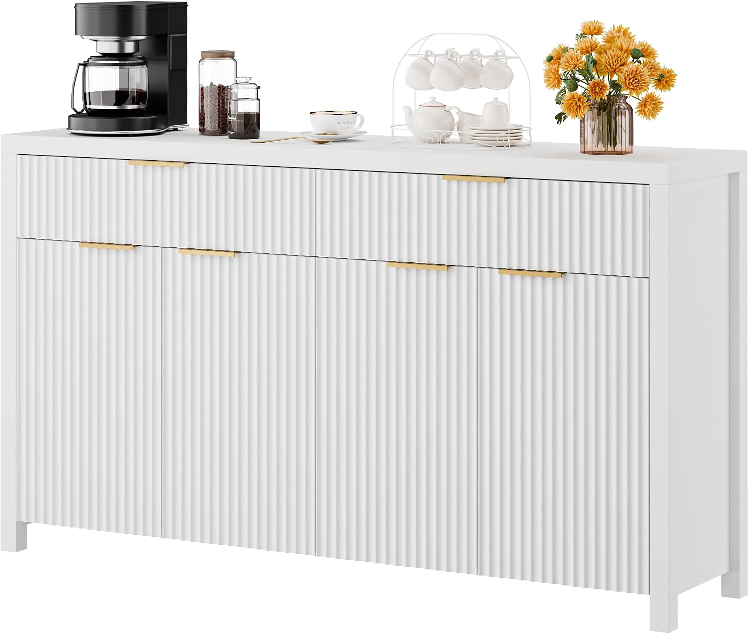 Lulive Fluted Buffet Cabinet with Storage 55 inch Wood Large Sideboard with Adjustable Shelves for Entryway Kitchen Living Room, White