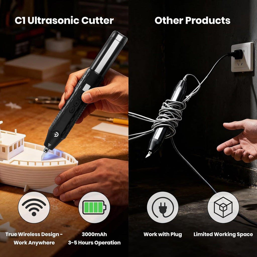 SSimder C1 Cordless Ultrasonic Cutter - 40kHz Wireless Knife for 3D Print Support Removal, Resin & DIY - Auto Tracking, 3000mAh Battery, LED, 3 Modes - Cuts Foam, Acrylic, PCB, Leather
