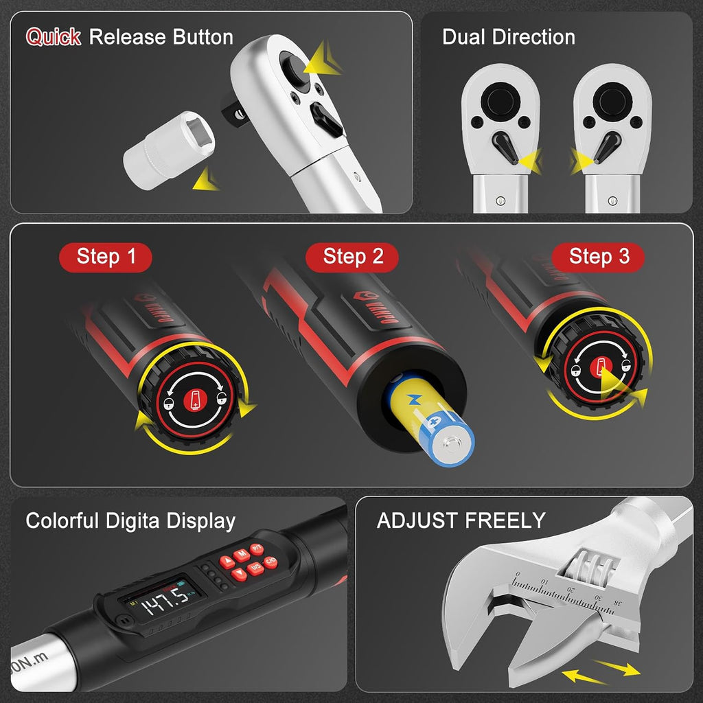 VANPO Adjustable Digital Torque Wrench, 7.4-147.5Ft.lb/10-200Nm, ±2% Accuracy, HVAC Torque Wrench Interchangeable 38mm Jaw & 1/2' Ratchet, Buzzer, Vibration and LED Alert for Split AC, Car