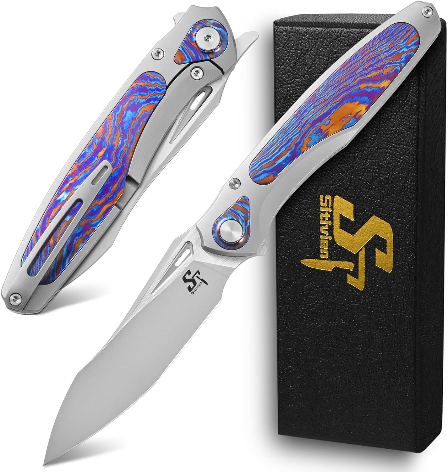 Sitivien ST997 Folding Knife,Handmade M390 Pearlescent Brushed Steel Blade,Titanium Carbon Fiber Handle EDC Knife for Outdoor Camping Hiking Survival Travel (Timascus)