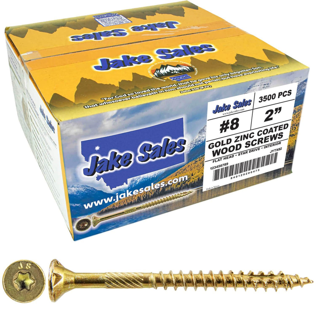 Jake Sales #8 x 2 Gold Star Wood Screw Torx Drive Flat Head (Full Box - 3500 Screw Count) - Multipurpose Wood Screws