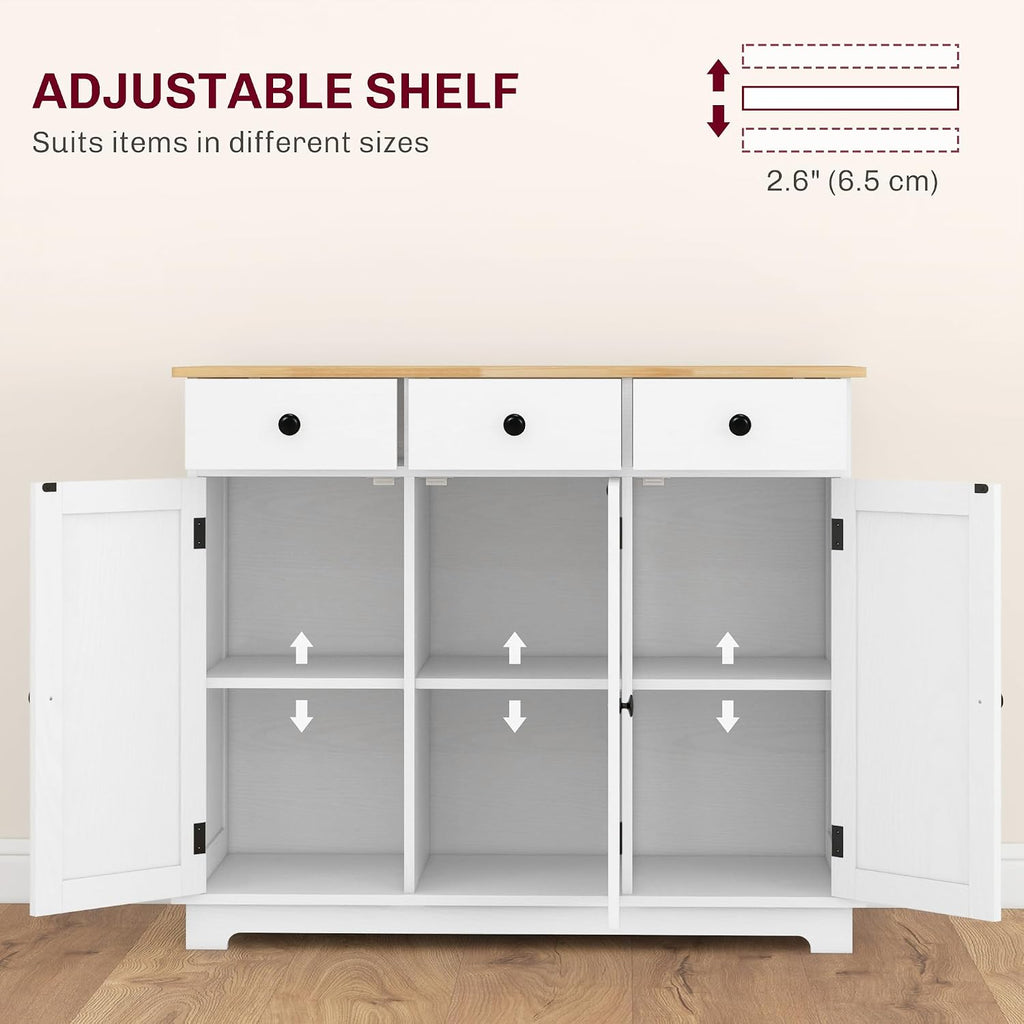 HOMCOM Sideboard Buffet Cabinet with Solid Wood Countertop, Modern Kitchen Storage Cabinet, Coffee Bar Cabinet with 3 Drawers, Doors and Adjustable Shelf, Distressed White
