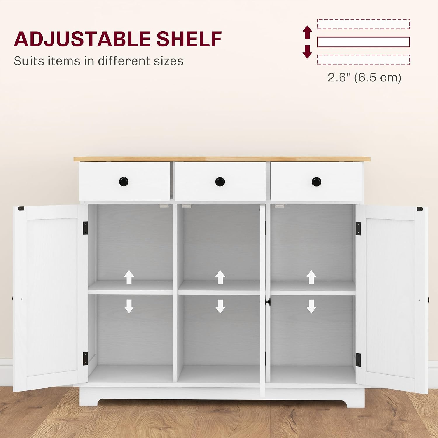 HOMCOM Sideboard Buffet Cabinet with Solid Wood Countertop, Modern Kitchen Storage Cabinet, Coffee Bar Cabinet with 3 Drawers, Doors and Adjustable Shelf, Distressed White