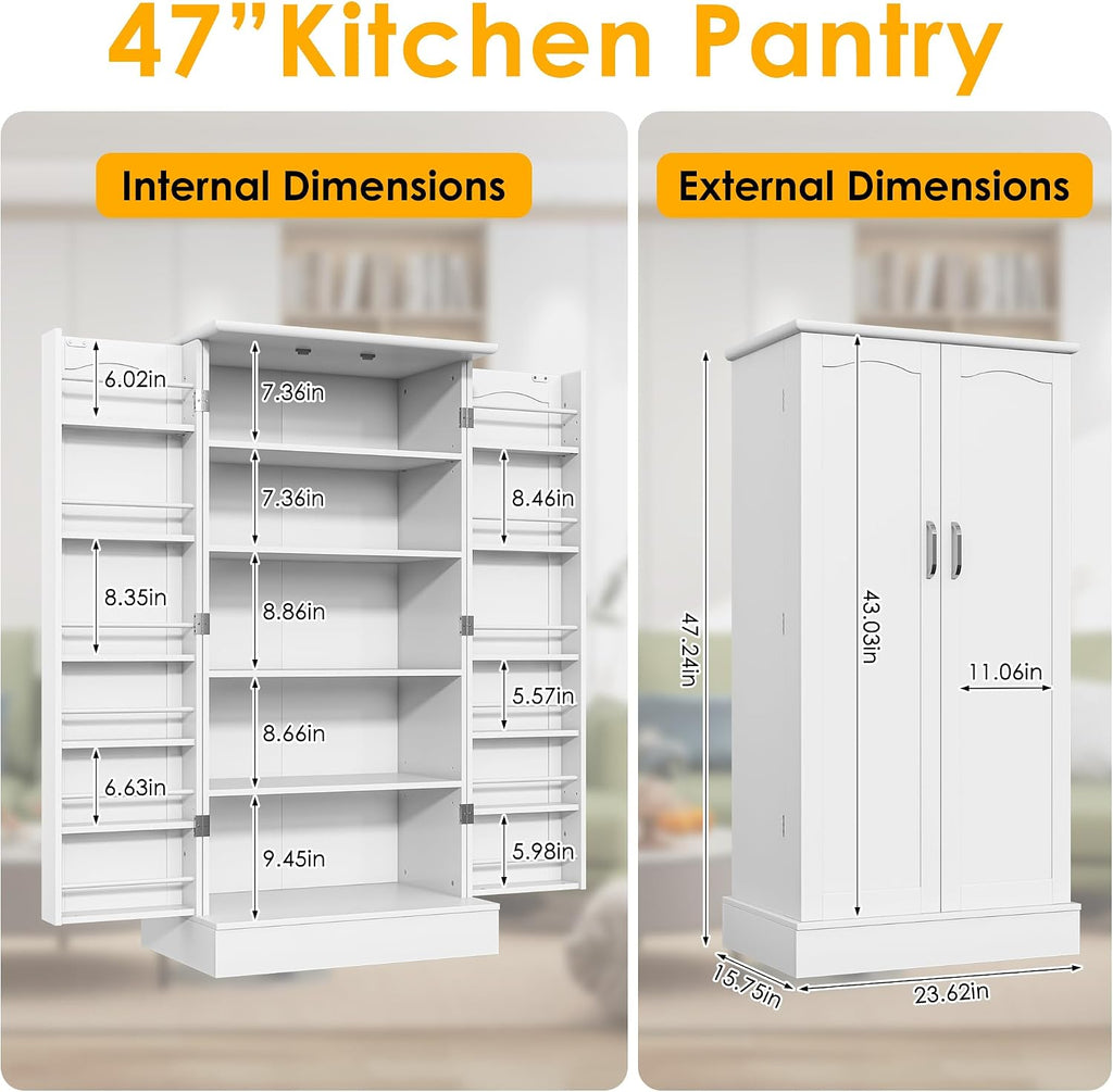 kepptory 47' Pantry Cabinet, Kitchen Pantry Storage Cabinet with Doors and Adjustable Shelves,Freestanding Buffet Cupboards Sideboard for Living Room and Dinning Room (White)