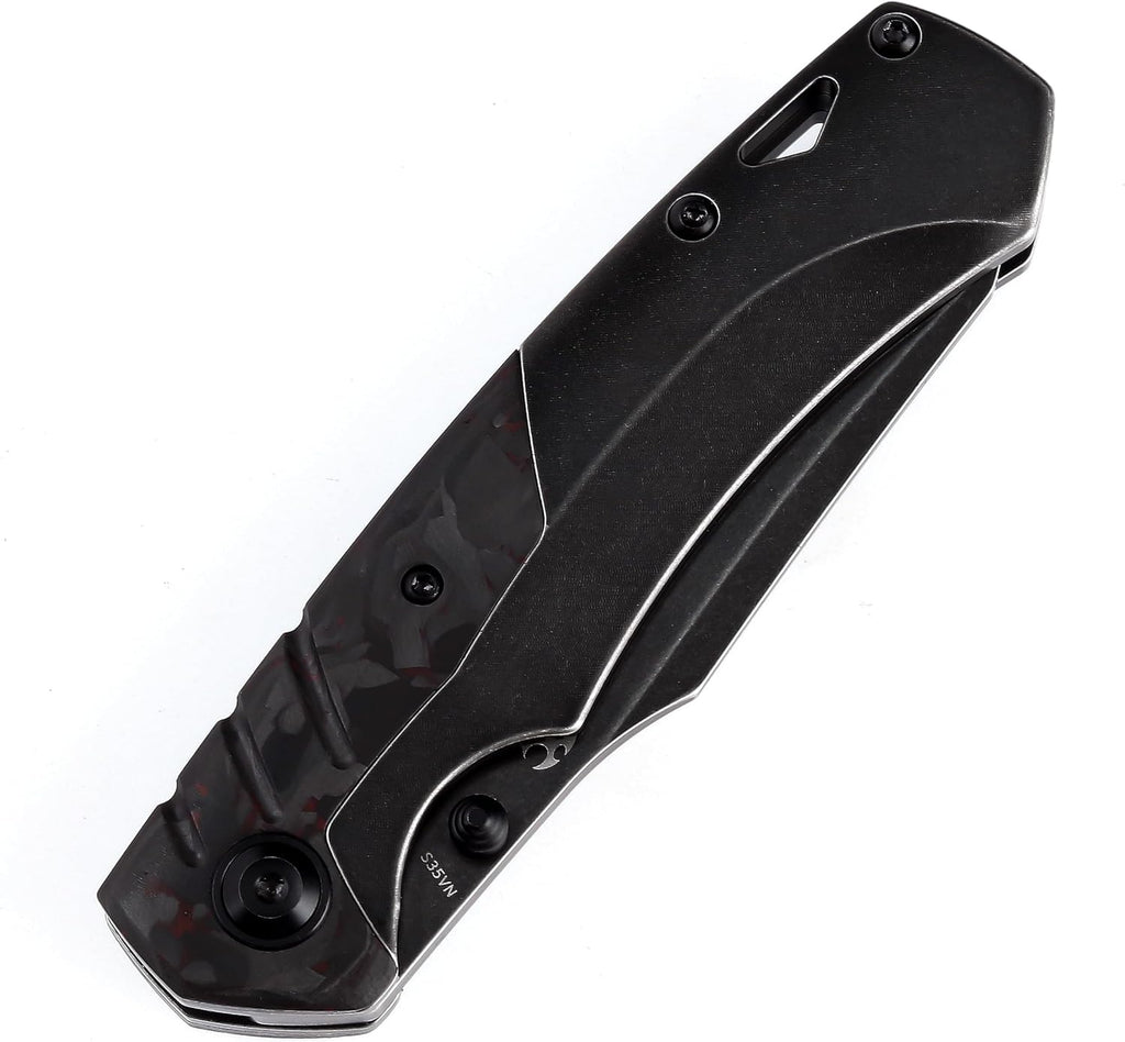 KANSEPT Weim Pocket Folding Knives for Men EDC Camping Knife 3.28'' Black Stonewashed CPM S35VN Material with Black Stonewashed Titanium + Red Carbon Fiber Handle K1051A5