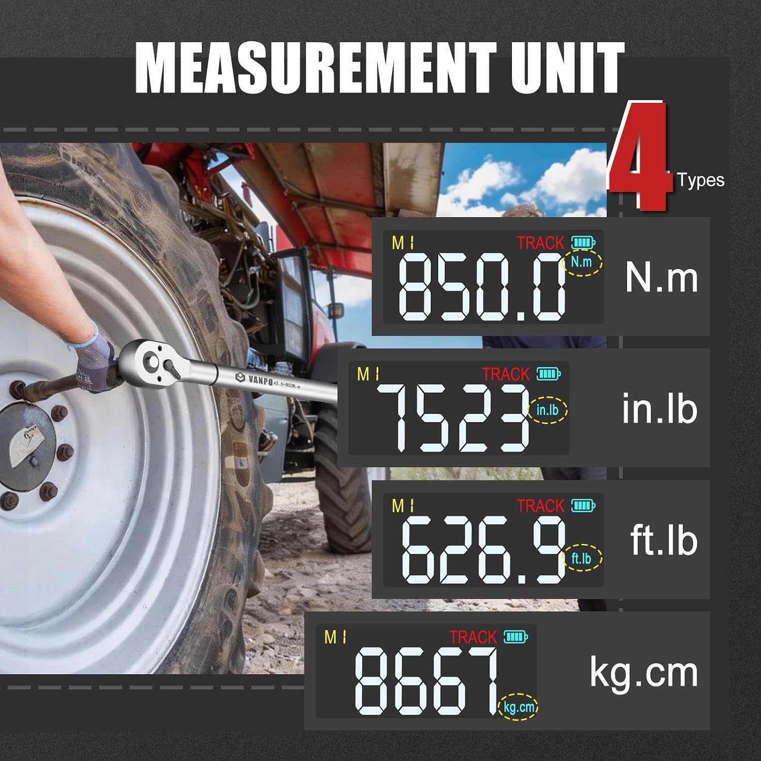 VANPO 3/4' Digital Torque Wrench 31–627 ft-lb, ±2% Accuracy Heavy Duty Electronic Torque Wrench with LED, Buzzer & Vibration Alert, Peak/Track Mode for Semi Truck, Diesel Mechanics & Fleet Maintenance