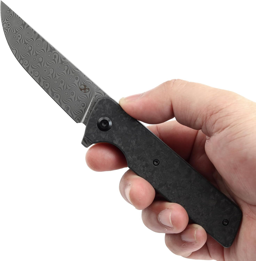 KANSEPT Anomaly Pocket Folding Knives EDC Camping Folding Knife 3.14'' Damascus Material Pocket Folding Knife with Shred Carbon Fiber Handle Everyday Carry K2038A6