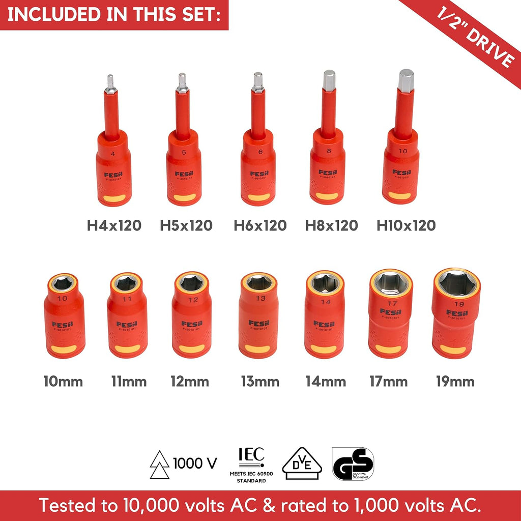 FESA Insulated Torque Socket Set - 16-Piece 1000V Insulated Tool Set w/ 1/2' Drive Insulated Torque Wrench (10-50 Nm), 7 Metric Sockets, 5 Hex Bit Sockets, 2 Extension Bars, T-Handle & Protective Case