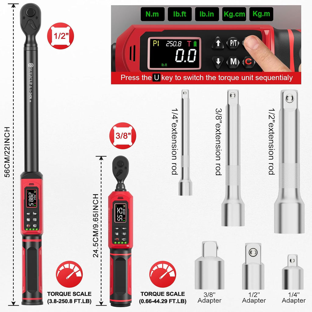 SUERCUP 3/8'&1/2' Digital Torque Wrench Set(0.66-44.29Ft.Lb/0.9-60N.m&3.8-250.8Ft.Lb/5.1-340Nm), ±1% Accuracy with Vibration, Buzzer,LED Notification and Five Units of Measure, for Car,Moto, DIY