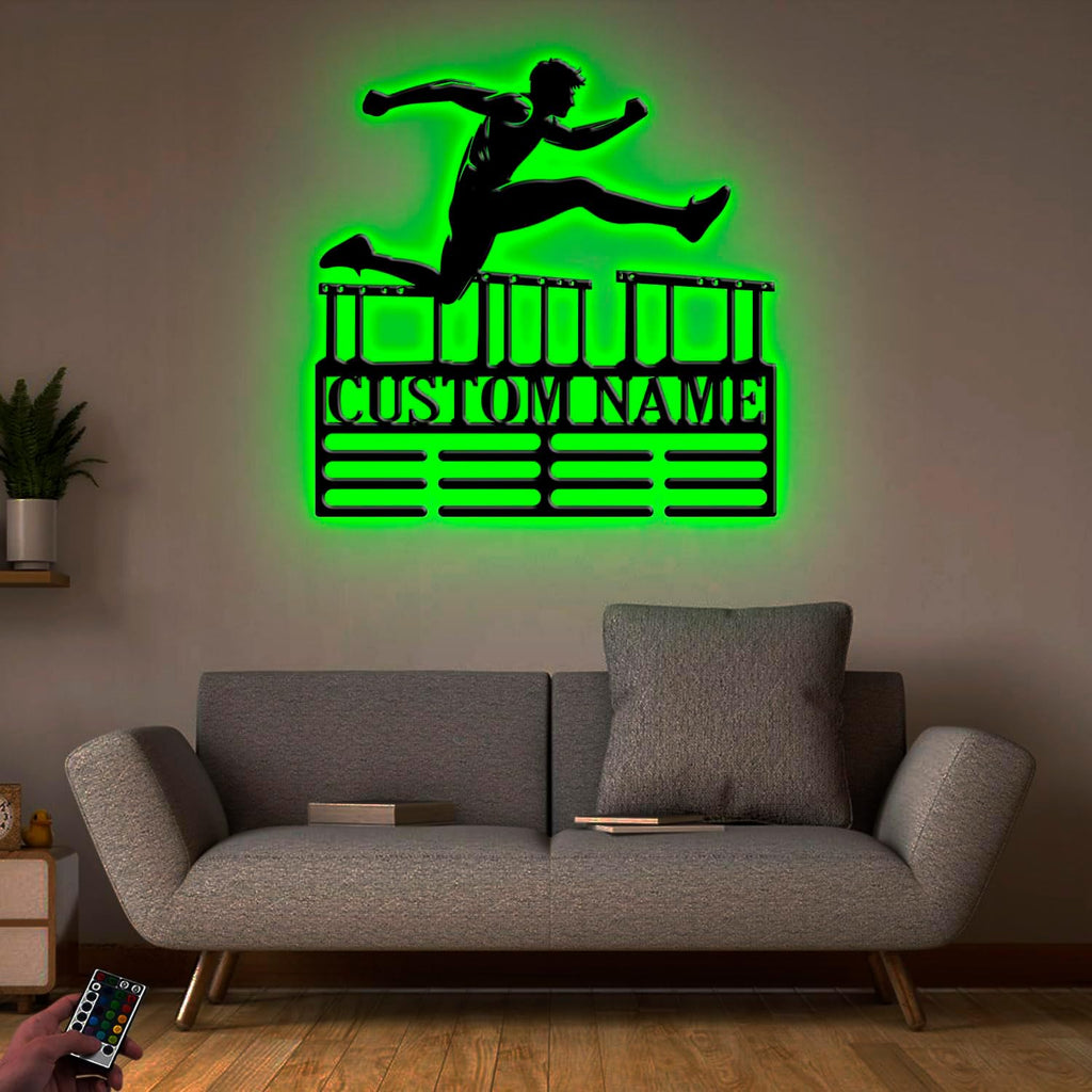 Custom Hurdles Running Medal Holder LED Light, Hurdle Runner Name Medal Hanger Display, Rack For Tiered Award Ribbon, Metal Sign Gift For Athlete Artwork