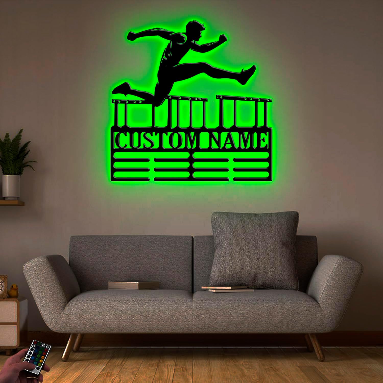 Custom Hurdles Running Medal Holder LED Light, Hurdle Runner Name Medal Hanger Display, Rack For Tiered Award Ribbon, Metal Sign Gift For Athlete Artwork