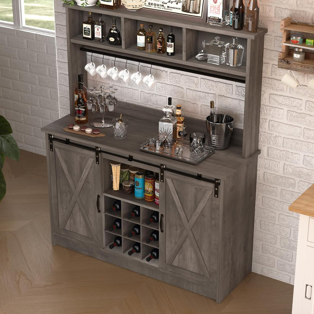 4ever2buy Farmhouse Coffee Bar Cabinet with 3 Storage Hutch, 47' Coffee Bar with Sliding Barn Doors, Hutch Cabinet with 6 Hooks & 9 Wine Racks for Dining Room, Kitchen, Wash Grey