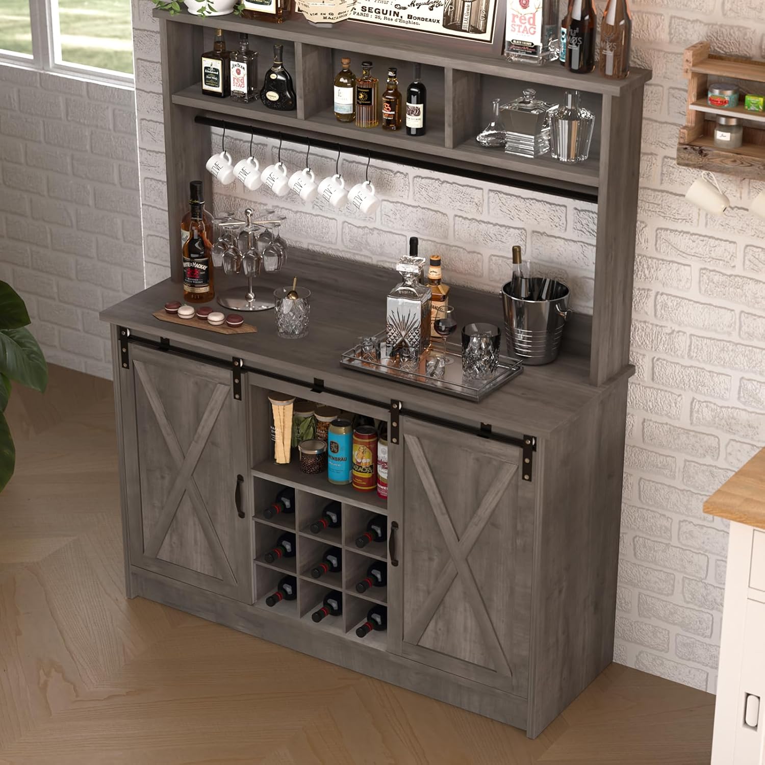 4ever2buy Farmhouse Coffee Bar Cabinet with 3 Storage Hutch, 47' Coffee Bar with Sliding Barn Doors, Hutch Cabinet with 6 Hooks & 9 Wine Racks for Dining Room, Kitchen, Wash Grey