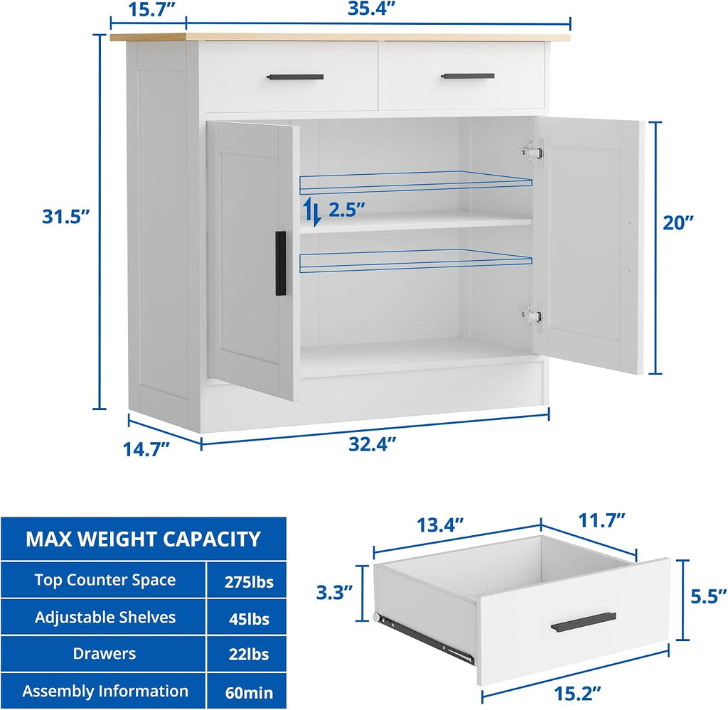 Buffet Cabinet with Storage - Buffets & Sideboards Kitchen Storage Cabinet, Wood Console Table Coffee Bar Accent Cabinets for Living Room Dining Room Entryway Small 2 Doors & Drawers, White 35.4'W