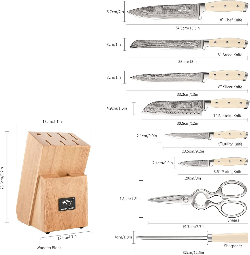 Damascus Kitchen Knife Set, 9 Pieces With Block, White ABS Triple Rivet Ergonomic Handle for Chef Knives, Sharpener and Shears