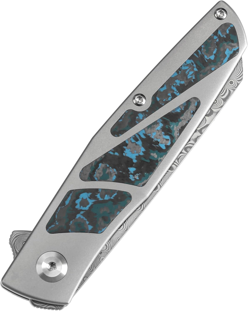 KANSEPT Cru Camping Pocket Knives for Men 8.19' Folding Pocket Knives with 3.46' Damascus and Purple Plain Titanium & Artic Storm Fatcarbon Handle for Outdoor, Tactical, Survival K1092A3