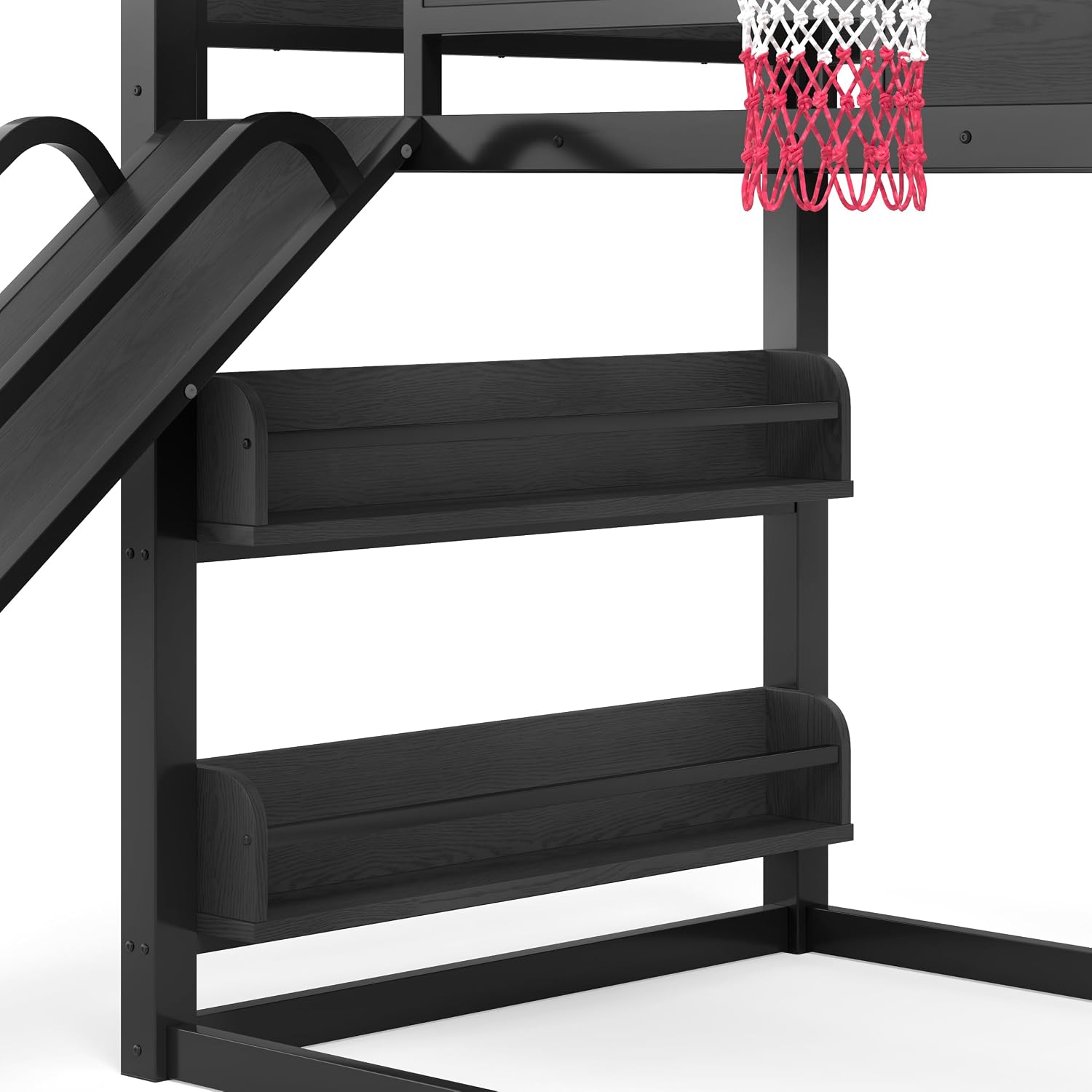 Twin XL Bunk Bed with Slide, Basketball Hoop & Pull-Up Rings, Industrial Style Bunk Bed Frame with Slide, Bookshelf and Climbing Wall, Low Playhouse Loft Bed for Kids, Black