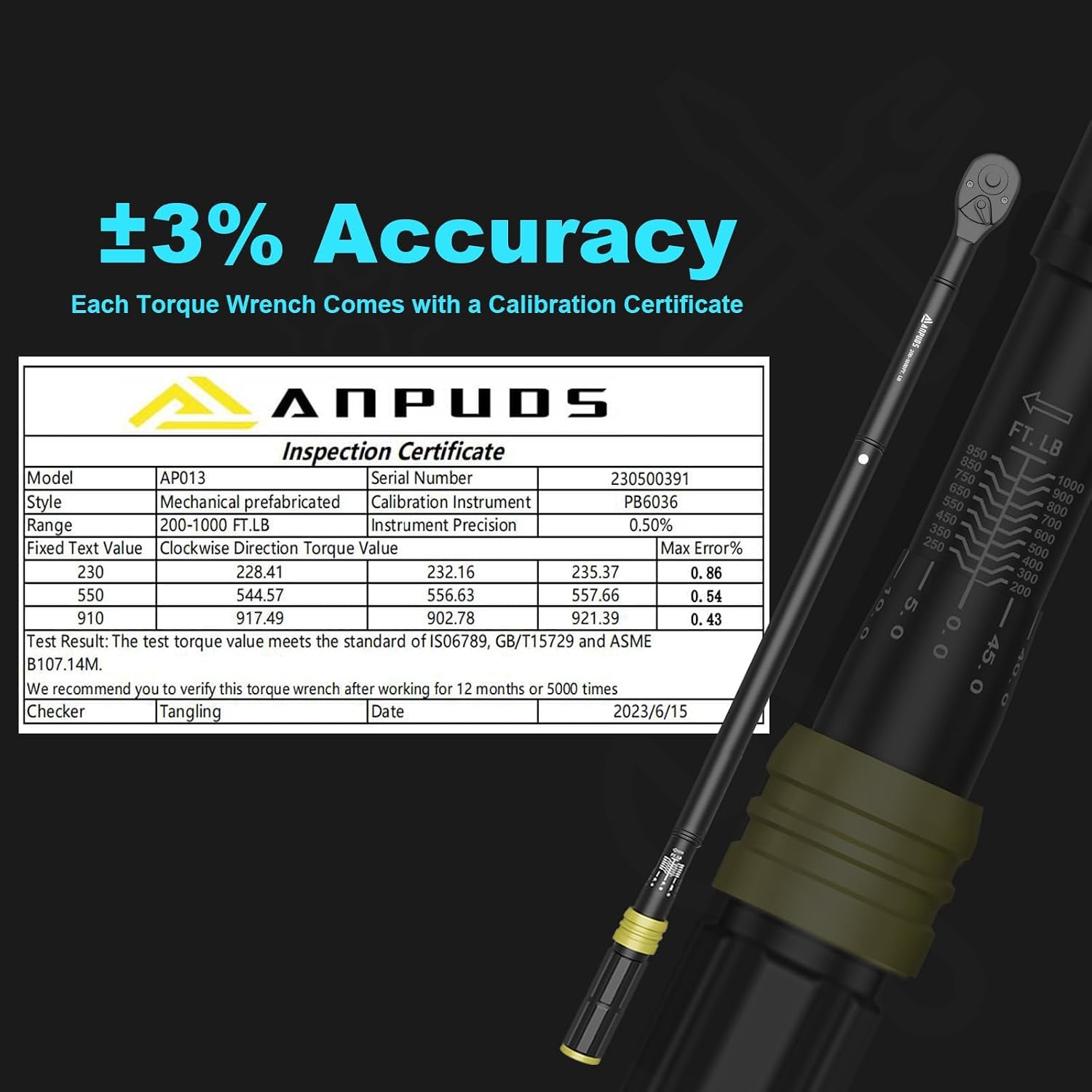 ANPUDS 3/4 Torque Wrench, 200-1000 Ft-Lb/271-1355 Nm, Heavy Duty Click Torque Wrench, 48-Tooth Quick Release Reversible Ratchet, Dual Scale for Semi Truck, Tractor & Diesel Maintenance