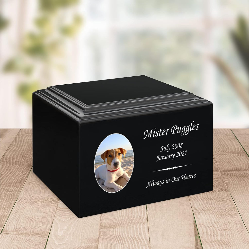 Mainely Urns Stonewood Medium Custom Pet Photo Cremation Urn for Pet Ashes - Engineered Wood Cremation Urn for Dog Ashes or Cat Ashes - 110 Cubic Inch Capacity - Customization Included (Black)