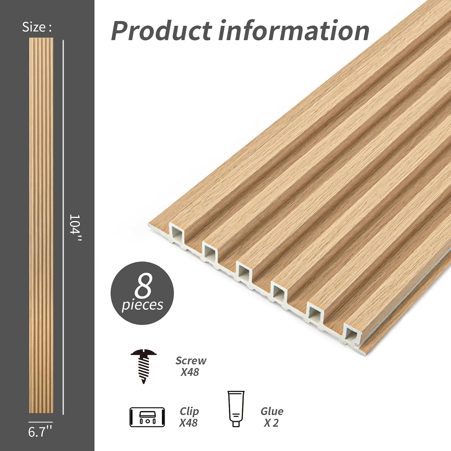 Art3dwallpanels Wood Slat Wall Paneling, 104'' x 6.7'' WPC Soundproof 3D Wall Panels for Interior Wall Decor, 8 Pack Fluted Textured Panel Wall Slats, Oak New