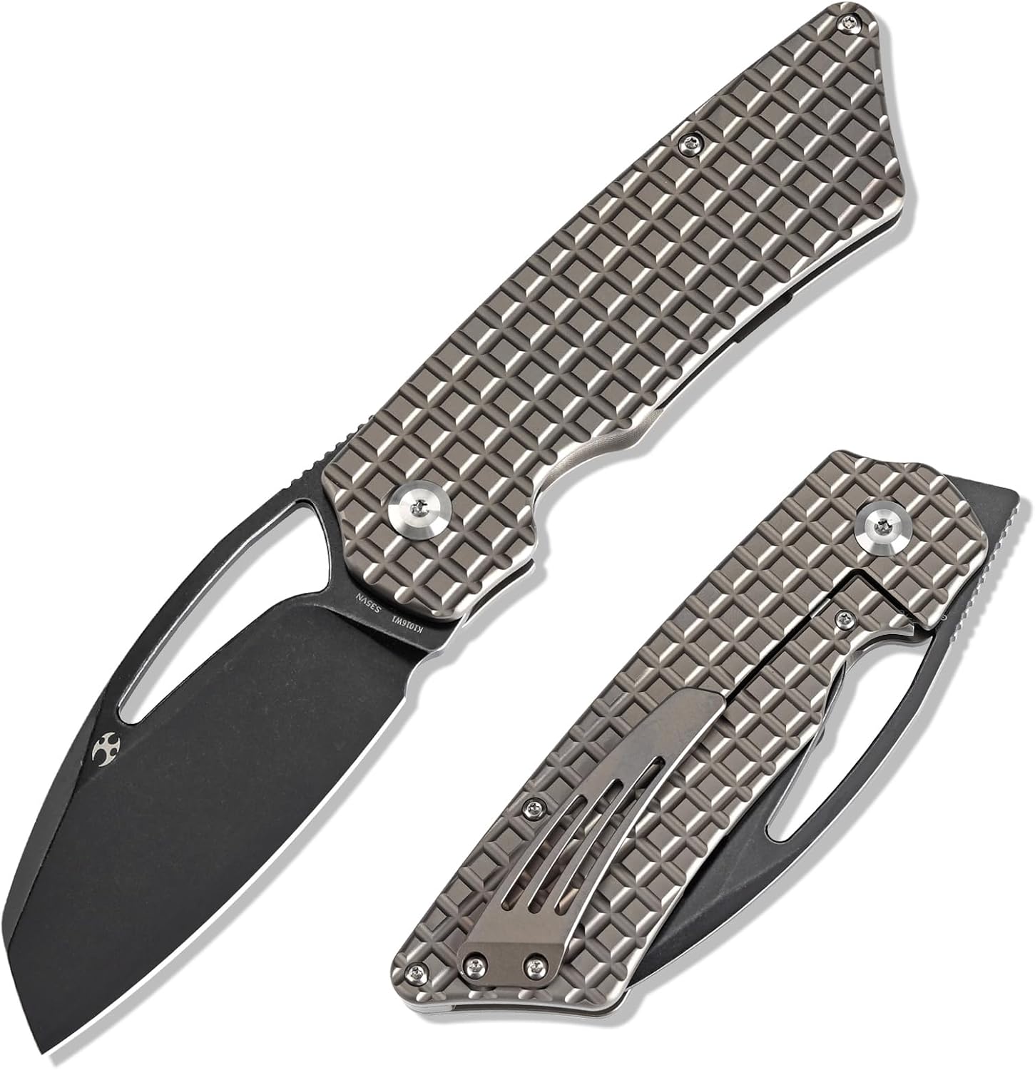KANSEPT Knives Goblin XL Pocket Knife for Men 3.5'' Blackwash CPM 20CV Cleaver Blade,JBronzed Anodized Titanium with Frag Pattern Handle,EDC Folding Knife with Front Flipper K1016W1