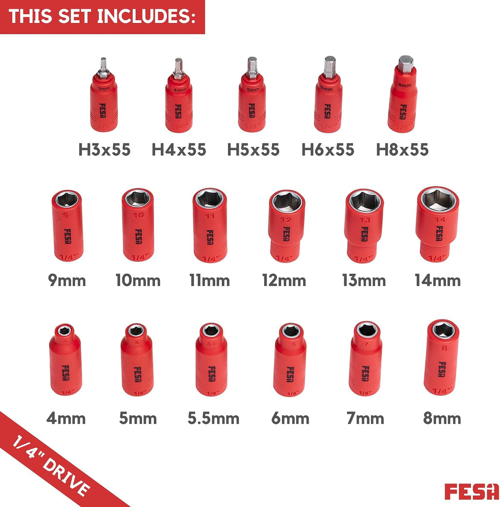 FESA Electrician Insulated Socket Set - 1000V 20-Piece Professional Insulated Ratchet & Socket Wrench Set (1/4' Drive) w/ 2 Extensions & 5 Hex Bits - 1000 Volt Tools for Electricians