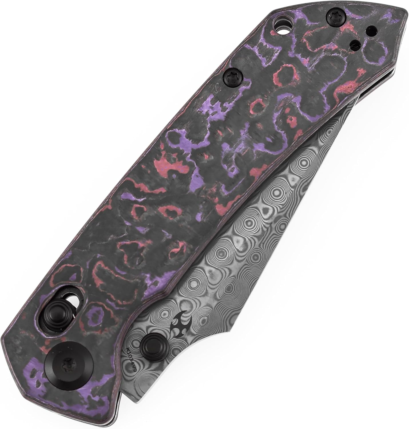 KANSEPT Fenrir Pocket Knife, 3.48'' Damascus Harpoon Blade, Purple Haze Fatcarbon Handle with Crossbar Lock, Thumb Stud Deep Clip for Edc, Camping Survival Hiking Folding Knives K1034V9