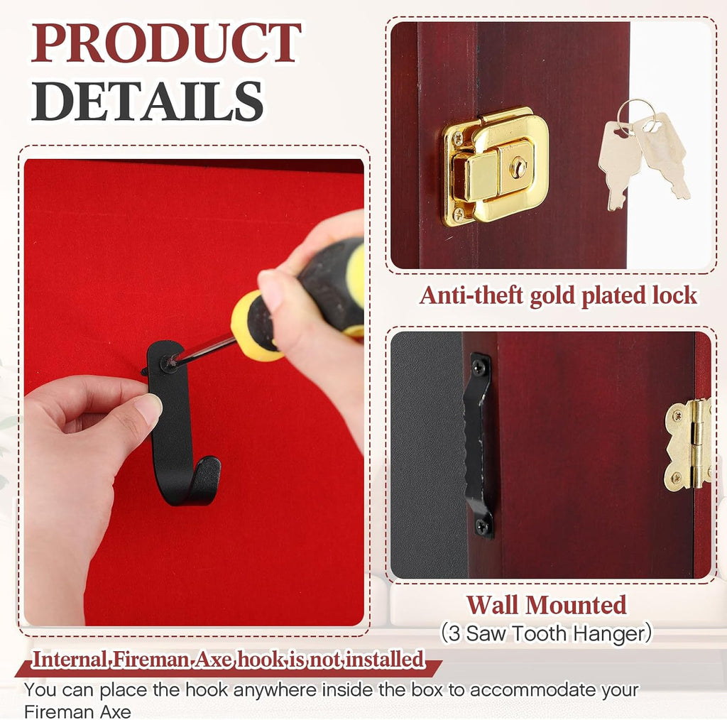 Silipull 44.5'' Firefighter Fireman Axe Display Case Wooden Wall Mount Storage Display Rack with Hanger Stand Lock W/ 98% UV Protection Acrylic Clear Door for Retired Firefighter Collector Memorabilia