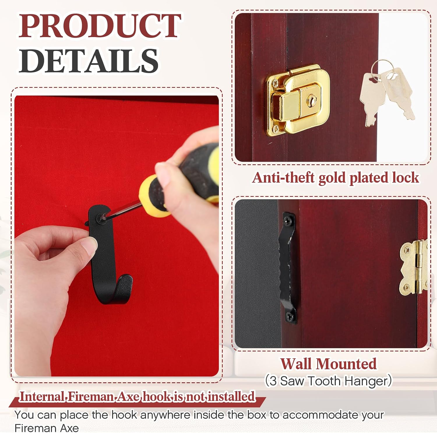 Silipull 44.5'' Firefighter Fireman Axe Display Case Wooden Wall Mount Storage Display Rack with Hanger Stand Lock W/ 98% UV Protection Acrylic Clear Door for Retired Firefighter Collector Memorabilia