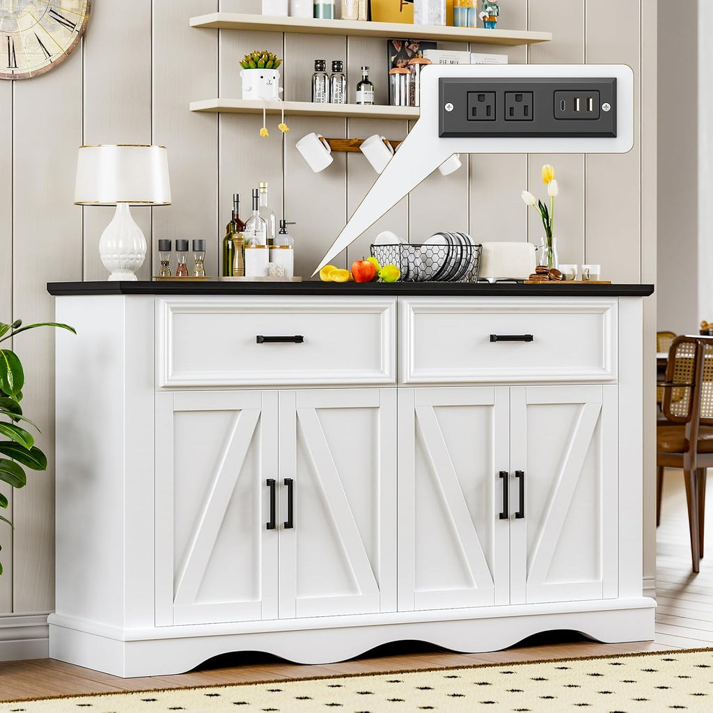 56' Modern Farmhouse Sideboard Buffet Cabinet with 4 Doors and 2 Drawers, Kitchen Storage Cabinet with Adjustable Shelves, Coffee Bar with Charging Station for Living Room, White