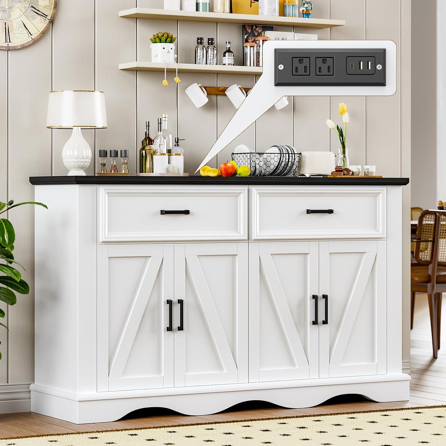 56' Modern Farmhouse Sideboard Buffet Cabinet with 4 Doors and 2 Drawers, Kitchen Storage Cabinet with Adjustable Shelves, Coffee Bar with Charging Station for Living Room, White