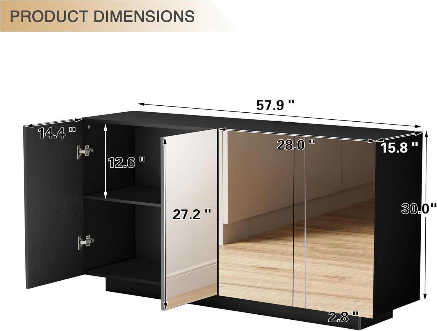 Anbuy Buffet Cabinet Mirror with Storage Black Sideboard with Storage Coffee Bar with Lights & Charging Station Kitchen LED 57.87'' Buffet Cabinet with Mirror Doors for Bedroom, Living Room