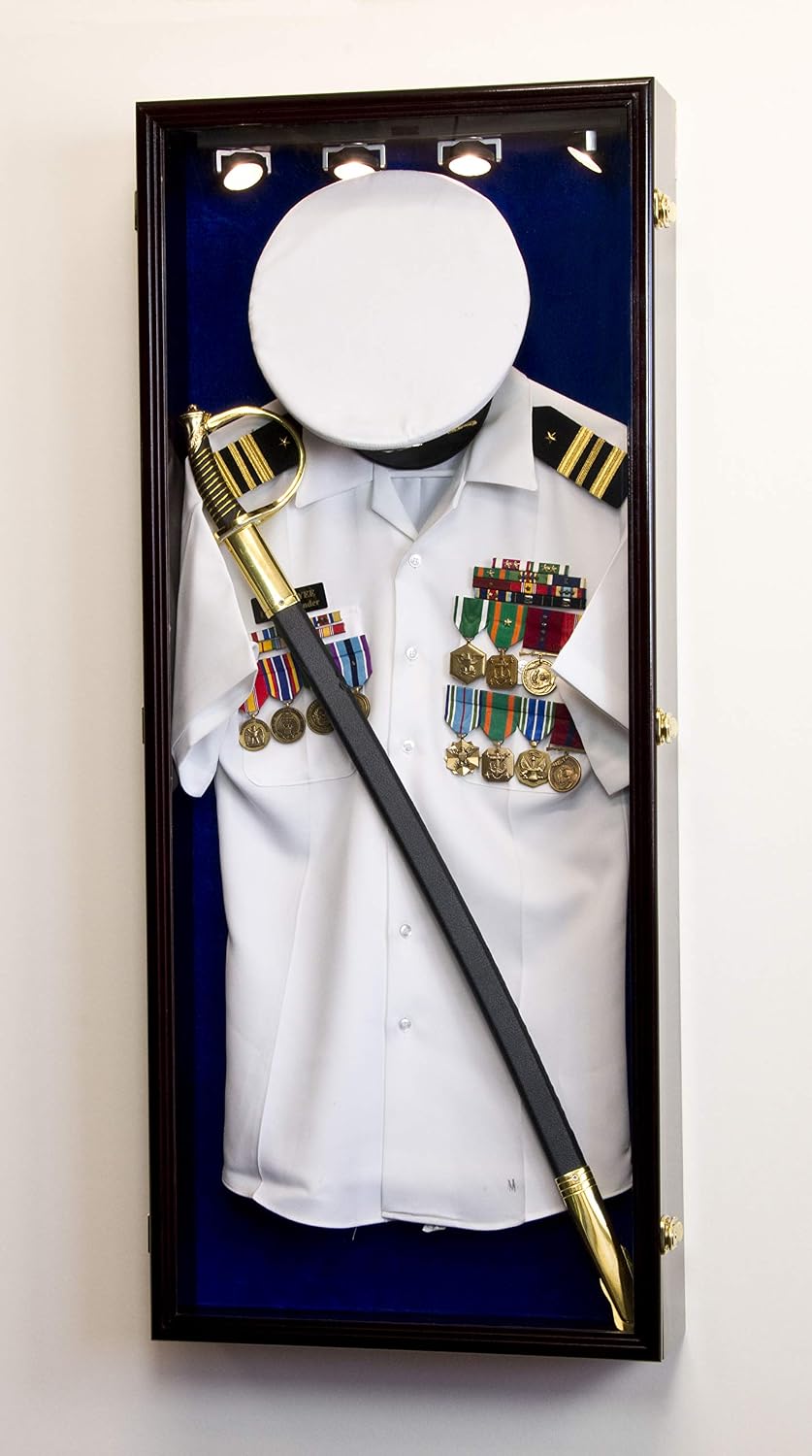 Military Shadow Box Display Case Uniform Cap Hat Sword Medals Cabinet Wall Frame - Lockable (Cherry Finish, Blue Felt Background)