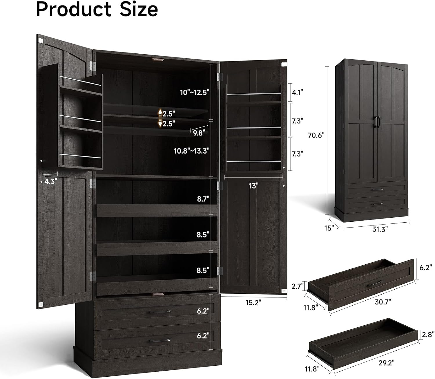ONBRILL 71' Tall Farmhouse Kitchen Pantry Cabinet with 3 Pull Out Shelves & 2 Large Drawers, Pantry Storage Cabinet with 6 Door Shelf & Adjustable Shelf, Freestanding Cupboard for Kitchen, Dining Room