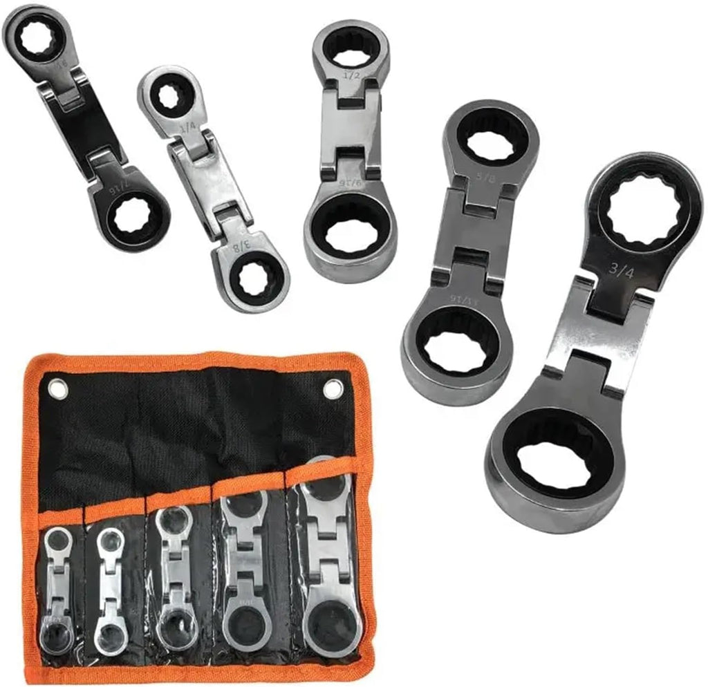 1pc Stubby Wrenches Set, Flex Head Ratcheting Wrench Set Double Box End Ratchet Wrench SAE 1/4-3/4IN 5 Pieces