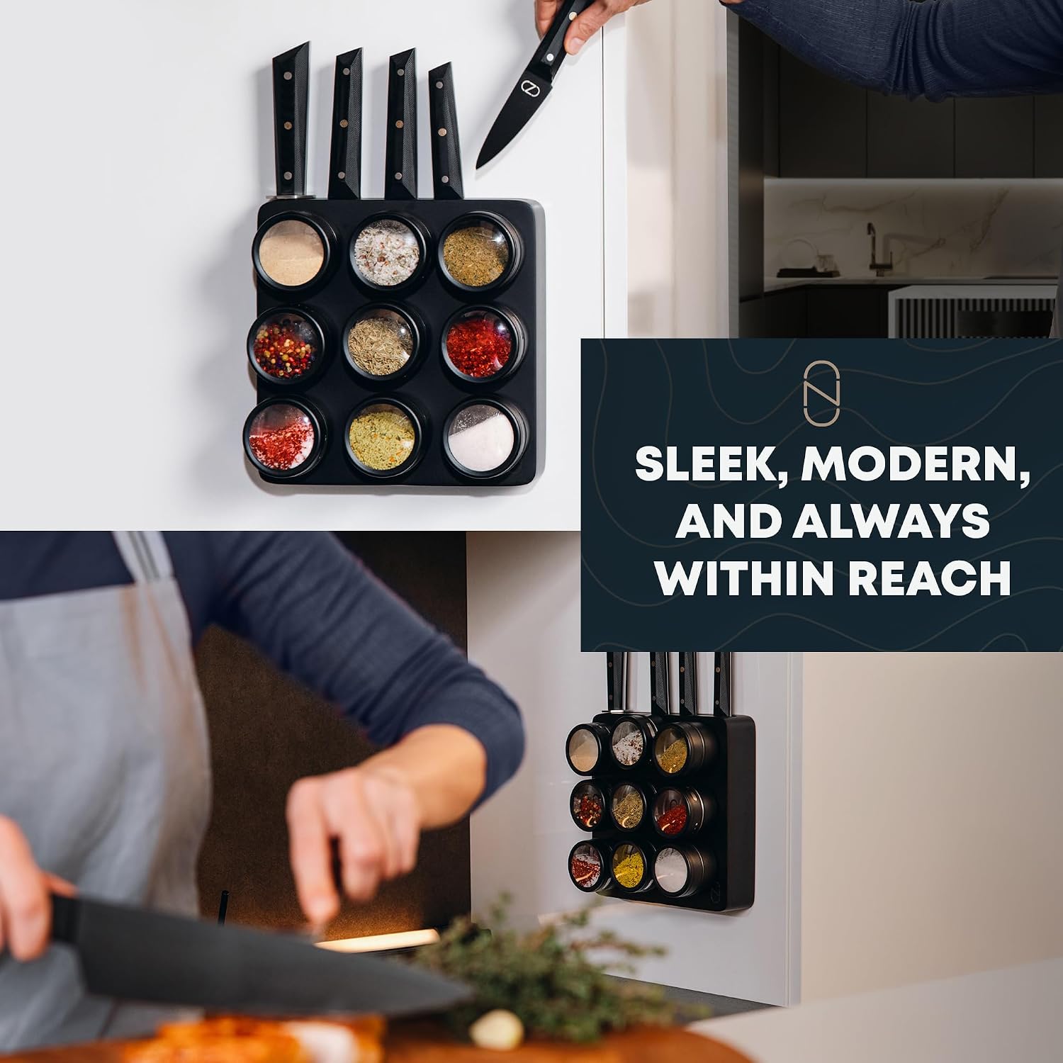 3-in-1 Magnetic Knife Block & Spice Rack Bundle - Ultra Sharp 60 HRC Chef Knife Set, Black Titanium Blades, 9 Spice Tins, Wall Mount Holder - All-in-One Kitchen Organizer + Mini Knife