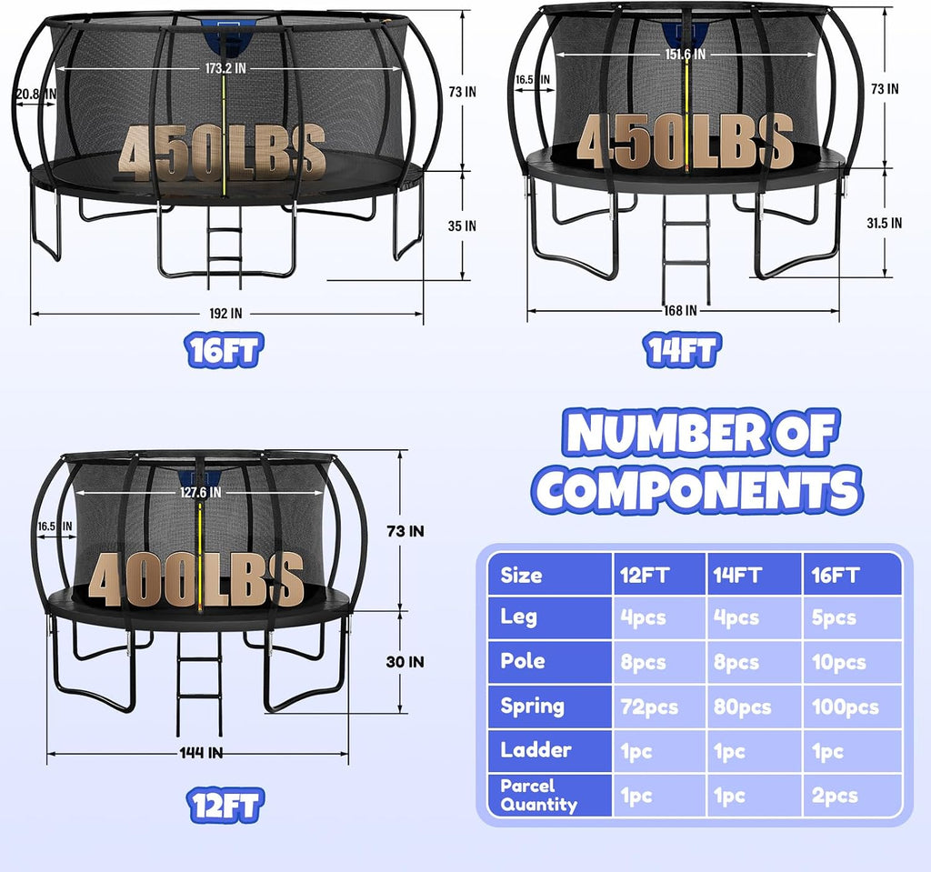 Kiivakii Trampoline 12 14 16FT, Outdoor Big Trampolines for Kids and Adults, Recreational Trampolines with Basketball Hoop and Stakes, Big Round Trampoline with Sprinkler for Backyard