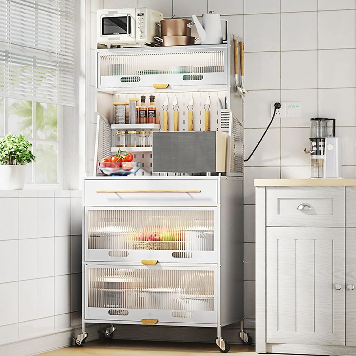 5-Tier Standing Kitchen Baker's Rack, 5 Tiers Storage Cabinet for Kitchen, with Drawers, for Kitchen Hutch, Home, Office, Pantry(White,60cm)
