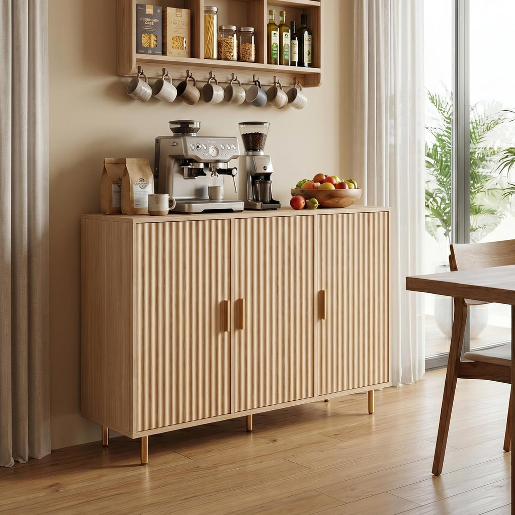 DIYART Oak Sideboard Buffet Cabinet, Accent Coffee Bar Cabinet with 3 Doors, Entryway Cabinet for Living Room, Kitchen, Hallway