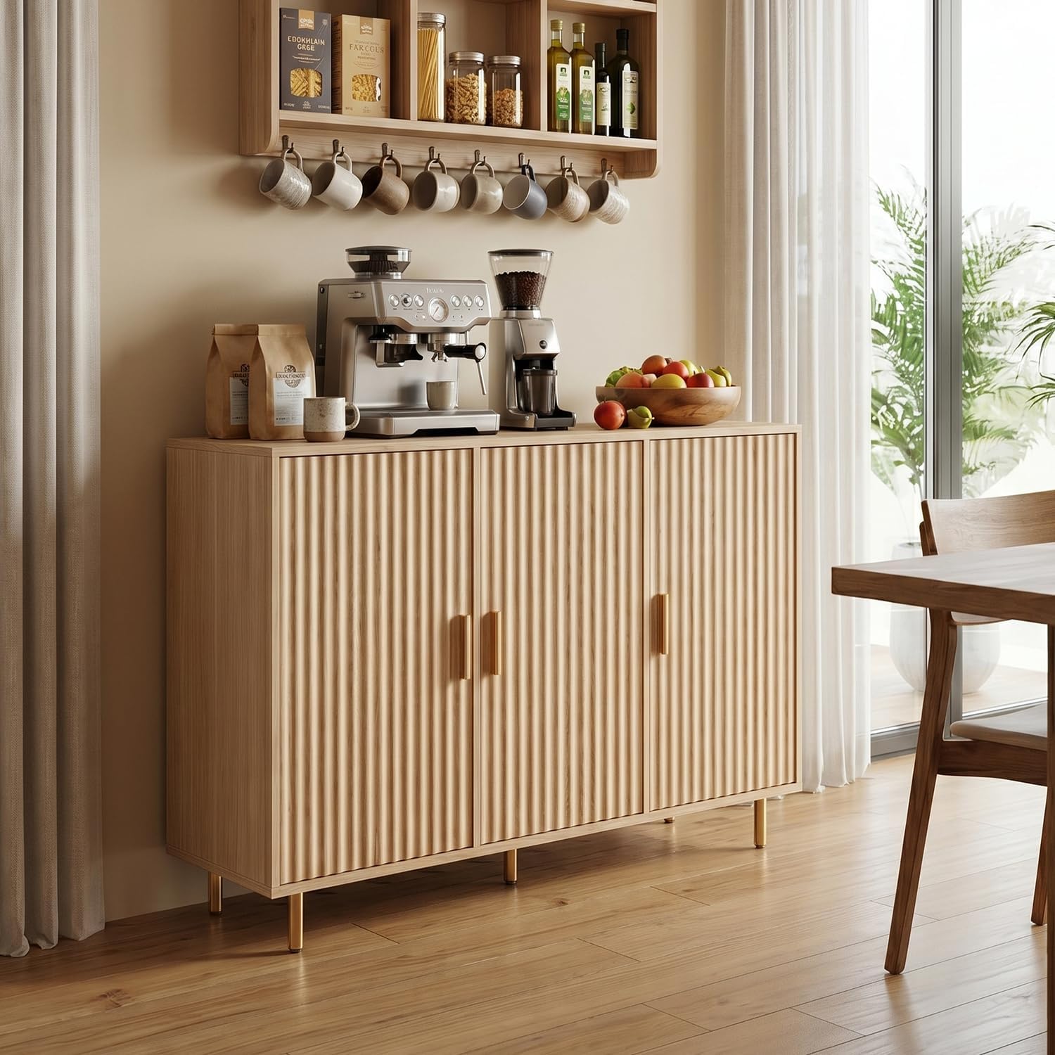 DIYART Oak Sideboard Buffet Cabinet, Accent Coffee Bar Cabinet with 3 Doors, Entryway Cabinet for Living Room, Kitchen, Hallway