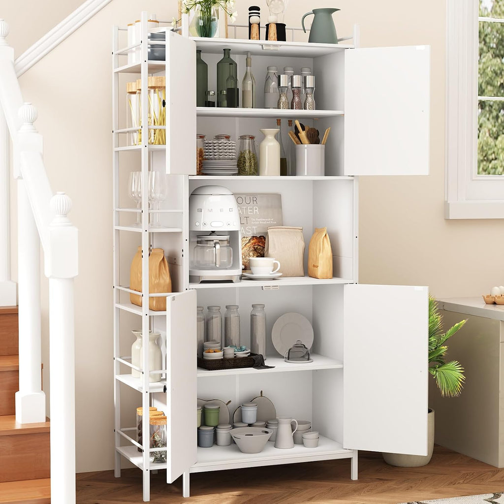 Industrial Style White Kitchen Pantry Cabinet, Tall Kitchen Hutch with Microwave Stand, Food Storage Cabinet with 6 Side Shelves and 2 Doors for Dining Room, and Living Room