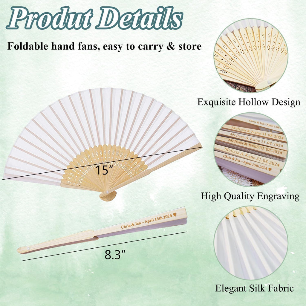Personalized Engraved Silk Fans Folding Hand Fans with Organza Bags, 102Pcs White Summer Wedding Fans, Custom Imitated Silk-Bamboo Fans for Guests Wedding Party Favor Bridal Shower Gifts