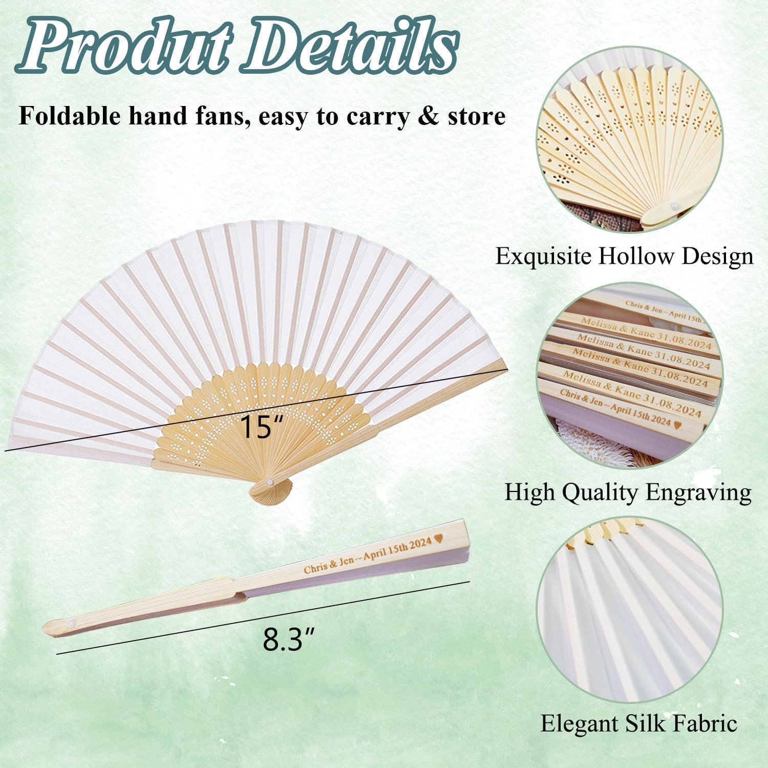 Personalized Engraved Silk Fans Folding Hand Fans with Organza Bags, 102Pcs White Summer Wedding Fans, Custom Imitated Silk-Bamboo Fans for Guests Wedding Party Favor Bridal Shower Gifts